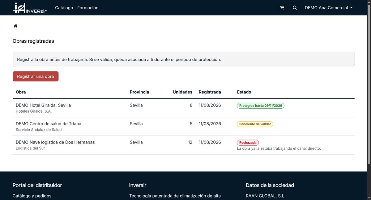 Listado de obras registradas con sus tres estados